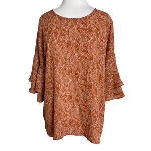 Liz Claiborne Womens Blouse Size Large Ruffle 3/4 Sleeve Leaf Pattern Brown Top